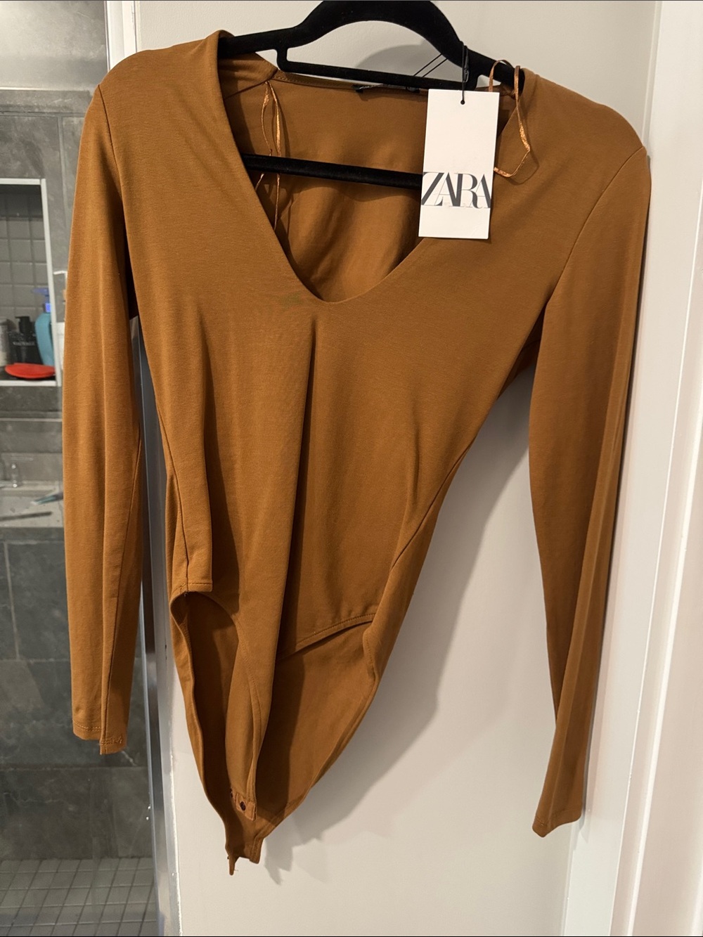 Zara Rust Brown Long-Sleeve Scoop-Neck Bodysuit